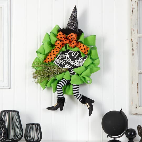 26" Halloween Witch Broom & Hat Mesh Wreath
